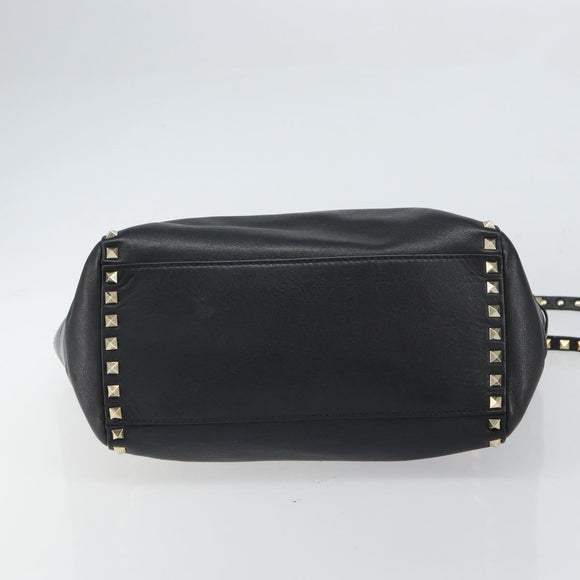 VALENTINO Rock studs Hand Bag Leather 2way Black Gold Auth BA9420