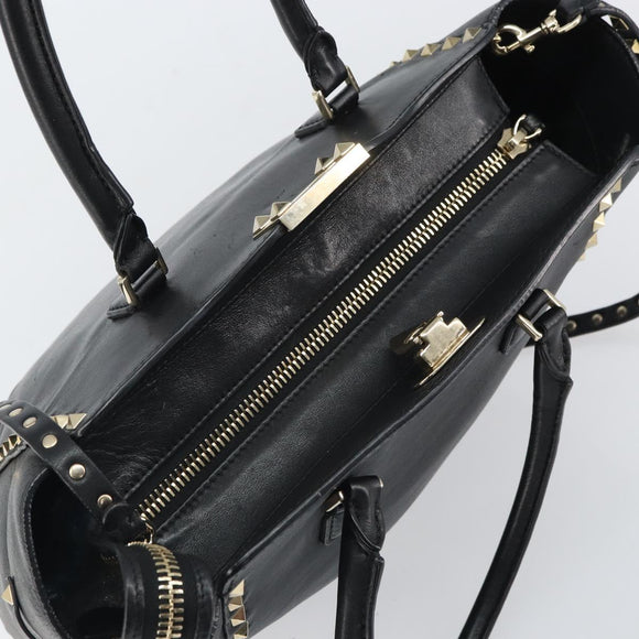 VALENTINO Rock studs Hand Bag Leather 2way Black Gold Auth BA9420