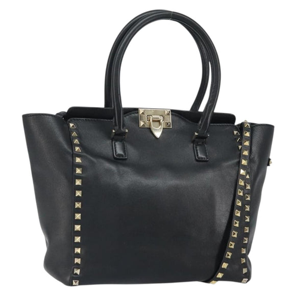 VALENTINO Rockstuds Handtasche Leder 2-Wege Schwarz Gold Auth BA9420