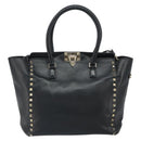 VALENTINO Rock studs Hand Bag Leather 2way Black Gold Auth BA9420-13