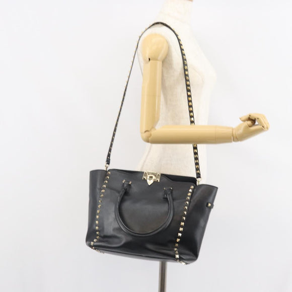 VALENTINO Rock studs Hand Bag Leather 2way Black Gold Auth BA9420
