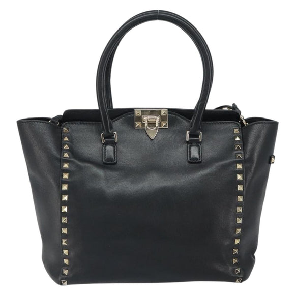 VALENTINO Rockstuds Handtasche Leder 2-Wege Schwarz Gold Auth BA9420