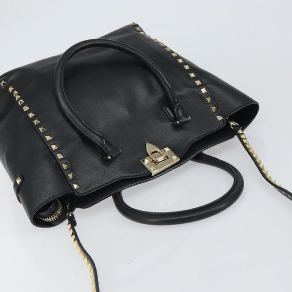 VALENTINO Rock studs Hand Bag Leather 2way Black Gold Auth BA9420