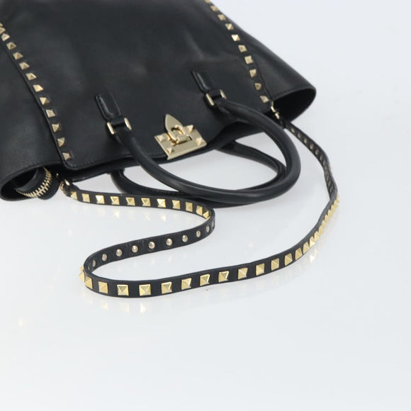VALENTINO Rock studs Hand Bag Leather 2way Black Gold Auth BA9420
