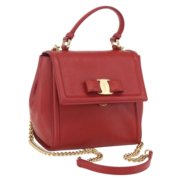 Salvatore Ferragamo Chain Vala Shoulder Bag Leather 2way Red Gold Auth BA9424V