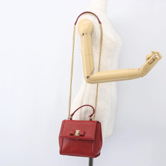 Salvatore Ferragamo Chain Vala Shoulder Bag Leather 2way Red Gold Auth BA9424V
