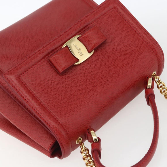 Salvatore Ferragamo Chain Vala Shoulder Bag Leather 2way Red Gold Auth BA9424V