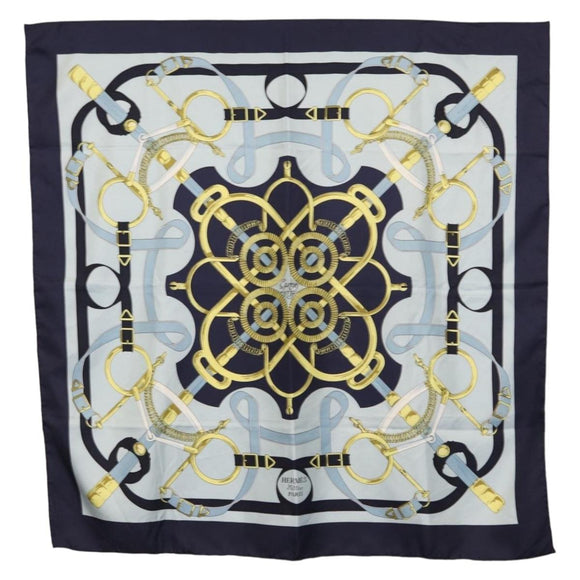 HERMES Carre 90 Scarf ""Eperon d'Or"" Silk Navy Auth BA9450