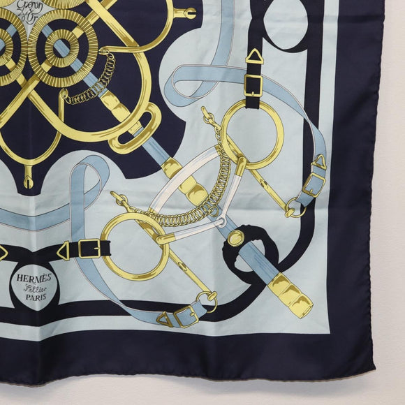 HERMES Carre 90 Scarf ""Eperon d'Or"" Silk Navy Auth BA9450