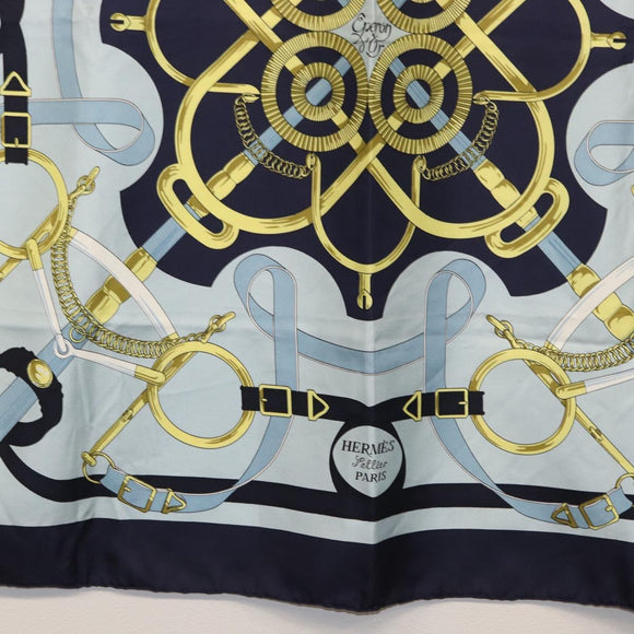 HERMES Carre 90 Scarf ""Eperon d'Or"" Silk Navy Auth BA9450