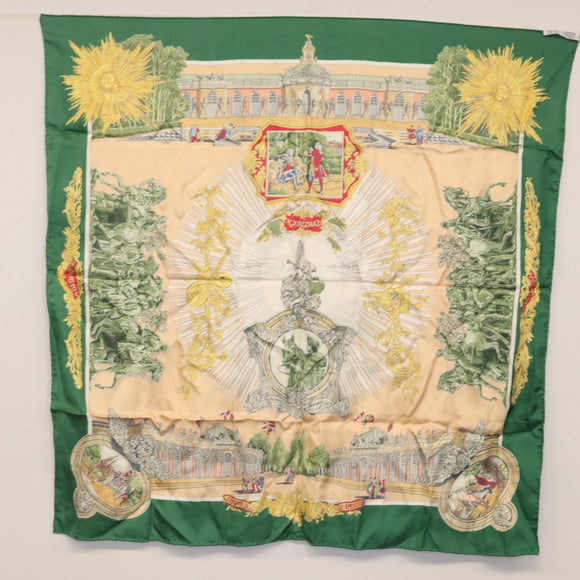 HERMES Carre 90 Scarf ""SANSSOUCY"" Silk Green Auth BA9452
