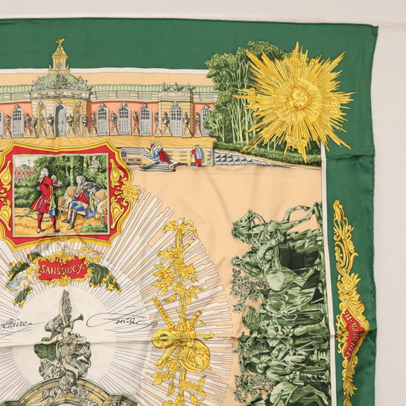 HERMES Carre 90 Scarf ""SANSSOUCY"" Silk Green Auth BA9452