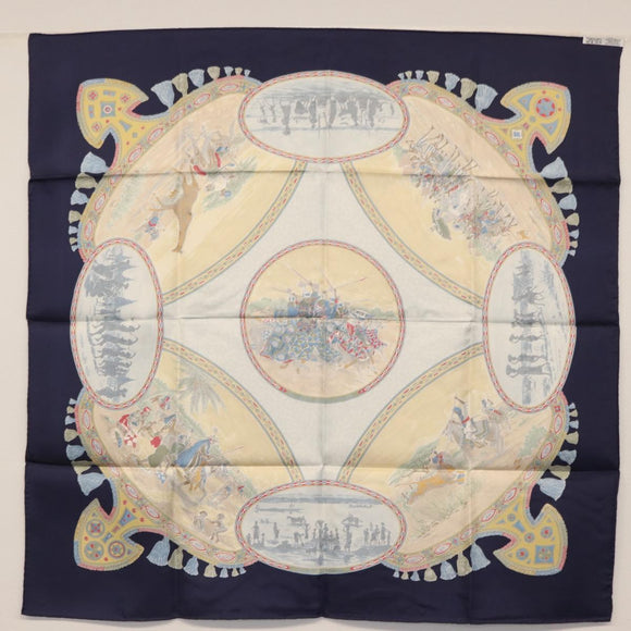 HERMES Carre 90 Scarf ""CAVALIERS PEULS"" Silk Blue Auth BA9455V