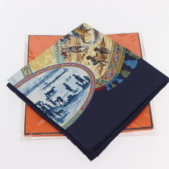 HERMES Carre 90 Scarf ""CAVALIERS PEULS"" Silk Blue Auth BA9455V