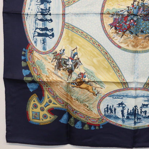 HERMES Carre 90 Scarf ""CAVALIERS PEULS"" Silk Blue Auth BA9455V