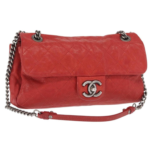 CHANEL Matelasse 25 Single Flap Chain Bag Caviar Skin Red CC Auth BA9462SAV