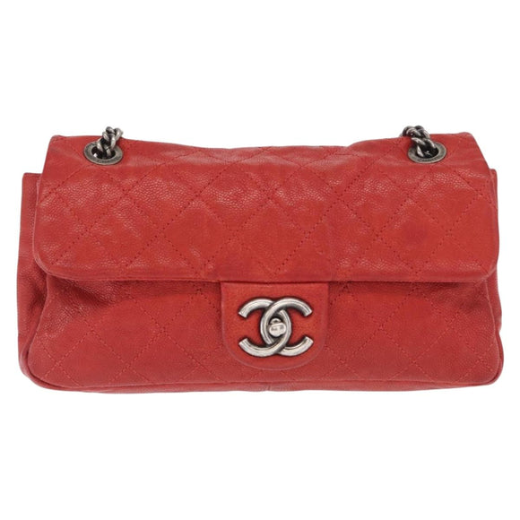 CHANEL Matelasse 25 Single Flap Chain Bag Caviar Skin Red CC Auth BA9462SAV