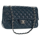 CHANEL Matelasse 25 Double Flap Chain Bag Lamb Skin Navy Silver CC Auth BA9464SM-1