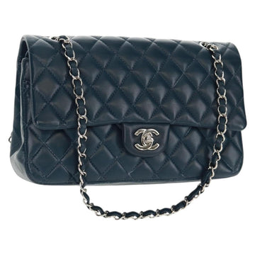 CHANEL Matelasse 25 Double Flap Chain Bag Lamb Skin Navy Silver CC Auth BA9464SM