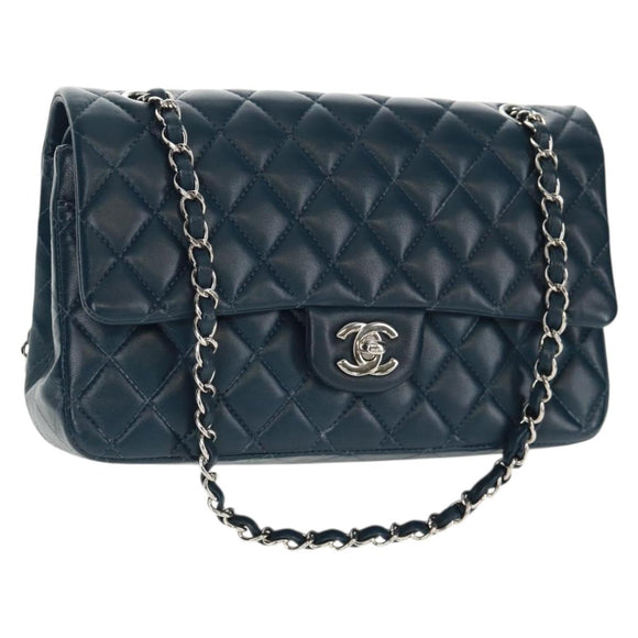 CHANEL Matelasse 25 Double Flap Chain Bag Lamb Skin Navy Silver CC Auth BA9464SM