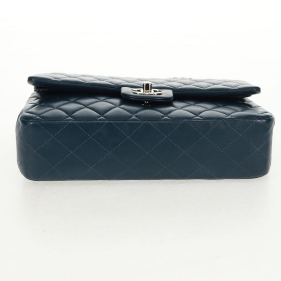 CHANEL Matelasse 25 Double Flap Chain Bag Lamb Skin Navy Silver CC Auth BA9464SM