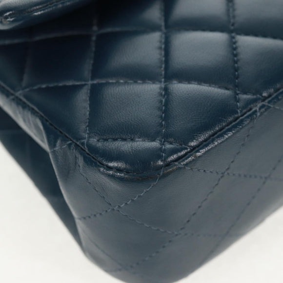 CHANEL Matelasse 25 Double Flap Chain Bag Lamb Skin Navy Silver CC Auth BA9464SM
