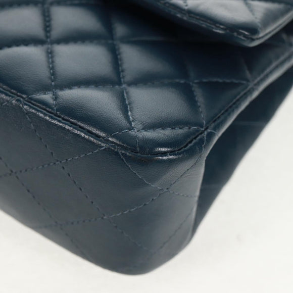 CHANEL Matelasse 25 Double Flap Chain Bag Lamb Skin Navy Silver CC Auth BA9464SM