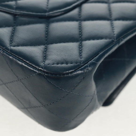 CHANEL Matelasse 25 Double Flap Chain Bag Lamb Skin Navy Silver CC Auth BA9464SM