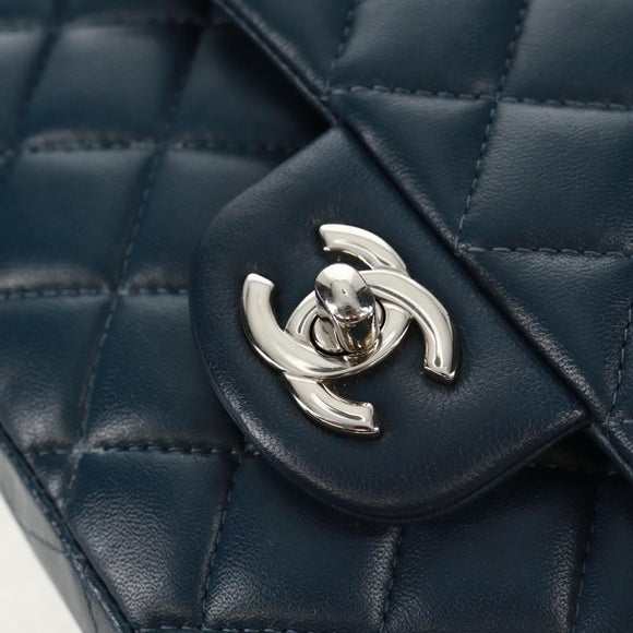 CHANEL Matelasse 25 Double Flap Chain Bag Lamb Skin Navy Silver CC Auth BA9464SM