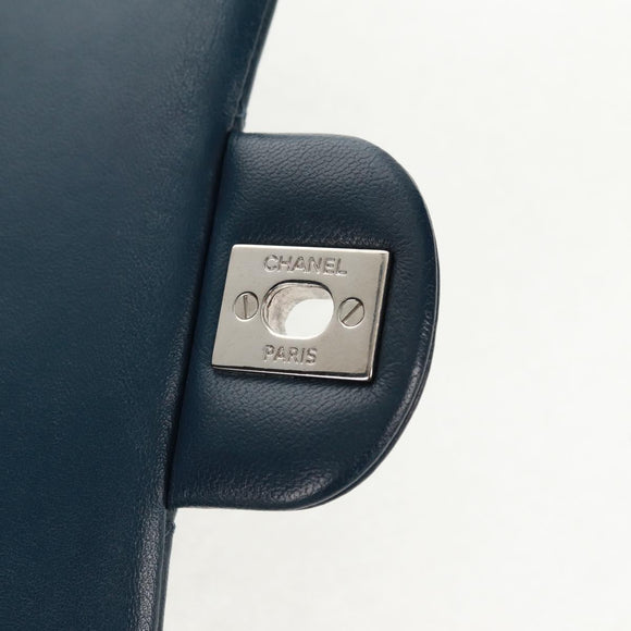 CHANEL Matelasse 25 Double Flap Chain Bag Lamb Skin Navy Silver CC Auth BA9464SM