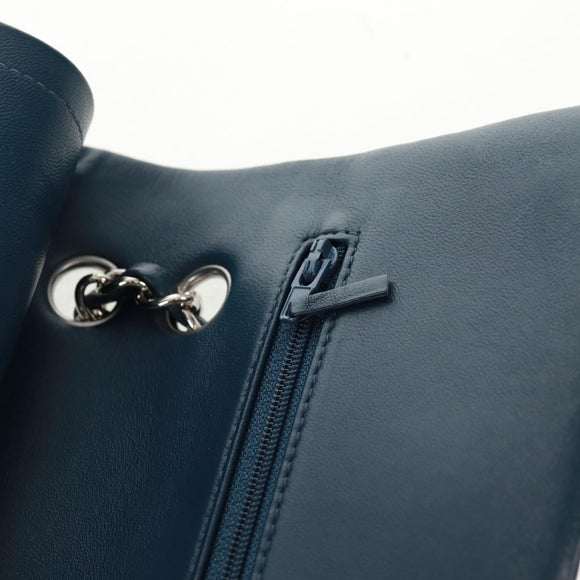 CHANEL Matelasse 25 Double Flap Chain Bag Lamb Skin Navy Silver CC Auth BA9464SM