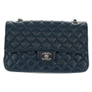 CHANEL Matelasse 25 Double Flap Chain Bag Lamb Skin Navy Silver CC Auth BA9464SM-13