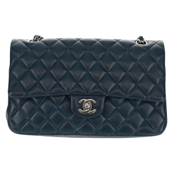 CHANEL Matelasse 25 Double Flap Chain Bag Lamb Skin Navy Silver CC Auth BA9464SM
