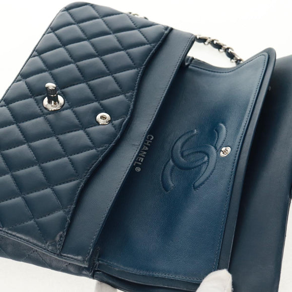 CHANEL Matelasse 25 Double Flap Chain Bag Lamb Skin Navy Silver CC Auth BA9464SM