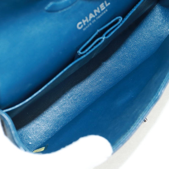 CHANEL Matelasse 25 Double Flap Chain Bag Lamb Skin Navy Silver CC Auth BA9464SM
