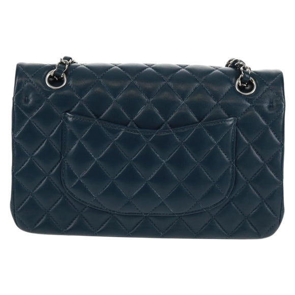 CHANEL Matelasse 25 Double Flap Chain Bag Lamb Skin Navy Silver CC Auth BA9464SM