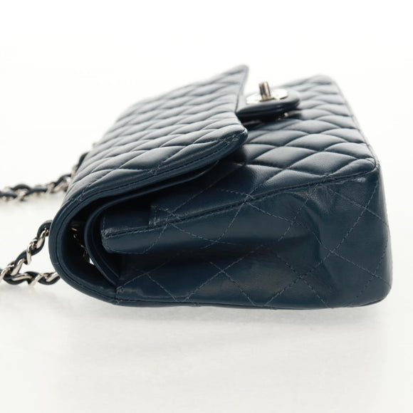 CHANEL Matelasse 25 Double Flap Chain Bag Lamb Skin Navy Silver CC Auth BA9464SM
