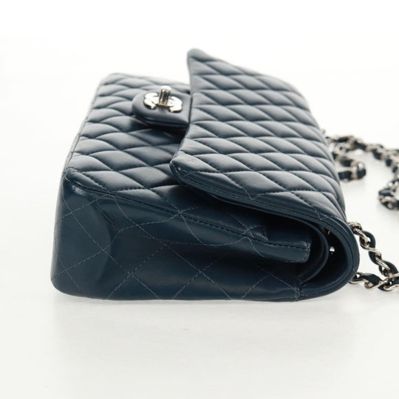 CHANEL Matelasse 25 Double Flap Chain Bag Lamb Skin Navy Silver CC Auth BA9464SM