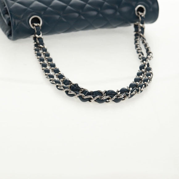 CHANEL Matelasse 25 Double Flap Chain Bag Lamb Skin Navy Silver CC Auth BA9464SM