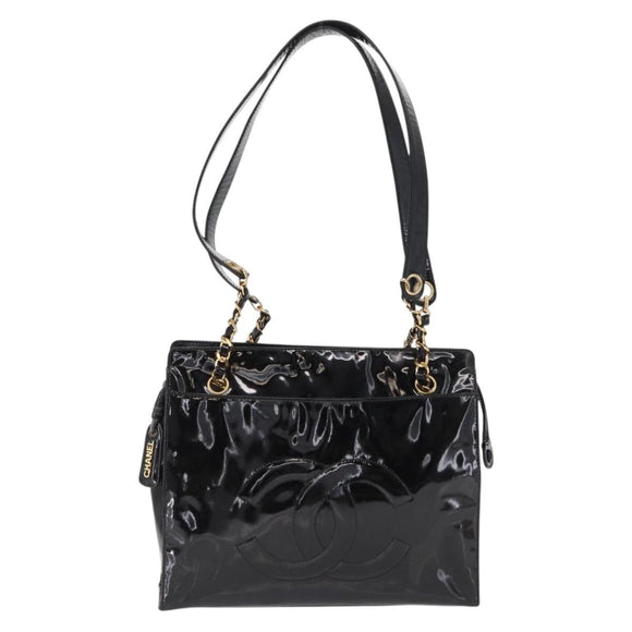 CHANEL COCO Mark Shoulder Bag Patent leather Black Gold CC Auth BA9483