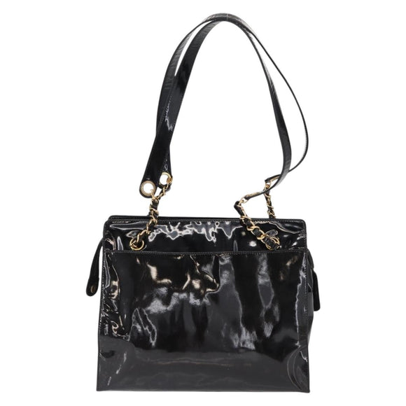 CHANEL COCO Mark Shoulder Bag Patent leather Black Gold CC Auth BA9483
