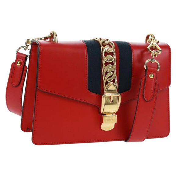 GUCCI Silvi Sherry Line Shoulder Bag Leather 2way Red Gold 421882 Auth BA9495V