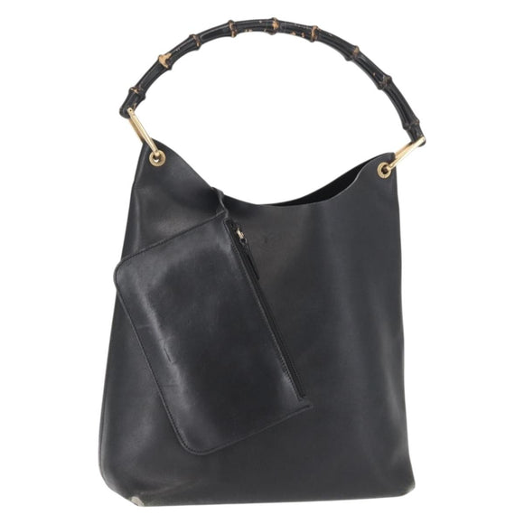 GUCCI Bamboo Shoulder Bag Leather Black Gold 001 1013 1881 Auth BA9503