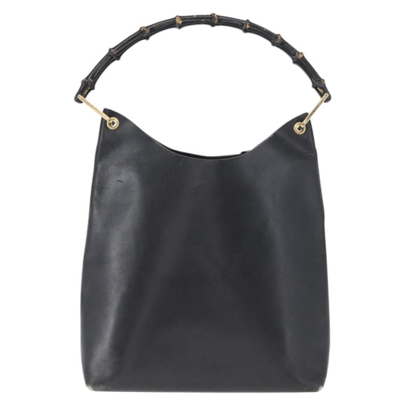 GUCCI Bamboo Shoulder Bag Leather Black Gold 001 1013 1881 Auth BA9503