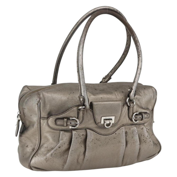 Salvatore Ferragamo Gancini Hand Bag Leather Silver Auth BA9504