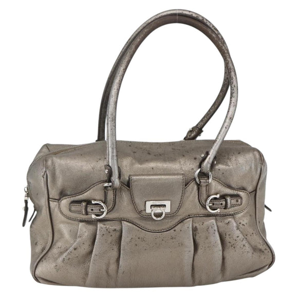 Salvatore Ferragamo Gancini Hand Bag Leather Silver Auth BA9504