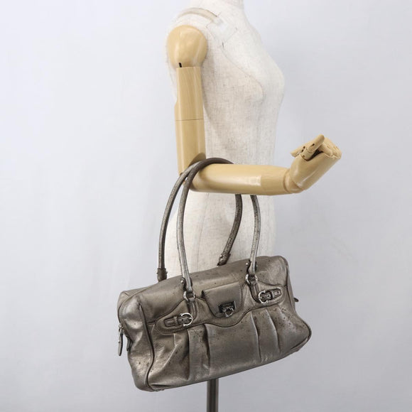 Salvatore Ferragamo Gancini Hand Bag Leather Silver Auth BA9504