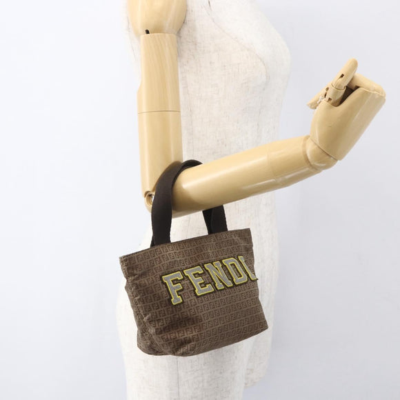 FENDI Zucchino Canvas Hand Bag Nylon Beige Silver Auth BA9505