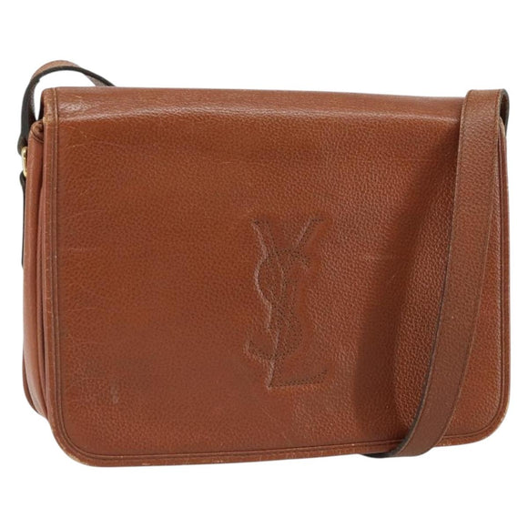 SAINT LAURENT Shoulder Bag Leather Brown Gold Auth BA9512
