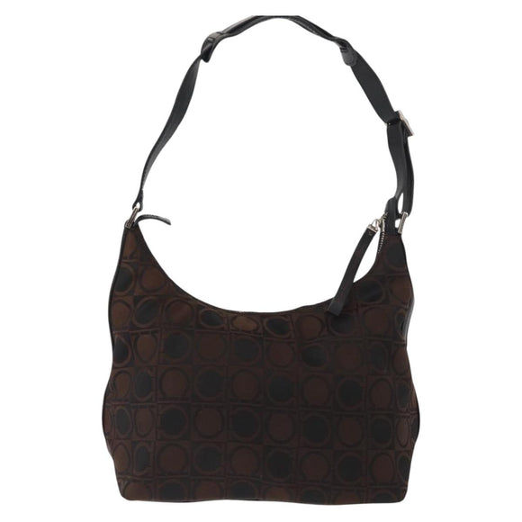 Salvatore Ferragamo Gancini Shoulder Bag Nylon Brown Silver Auth BA9517